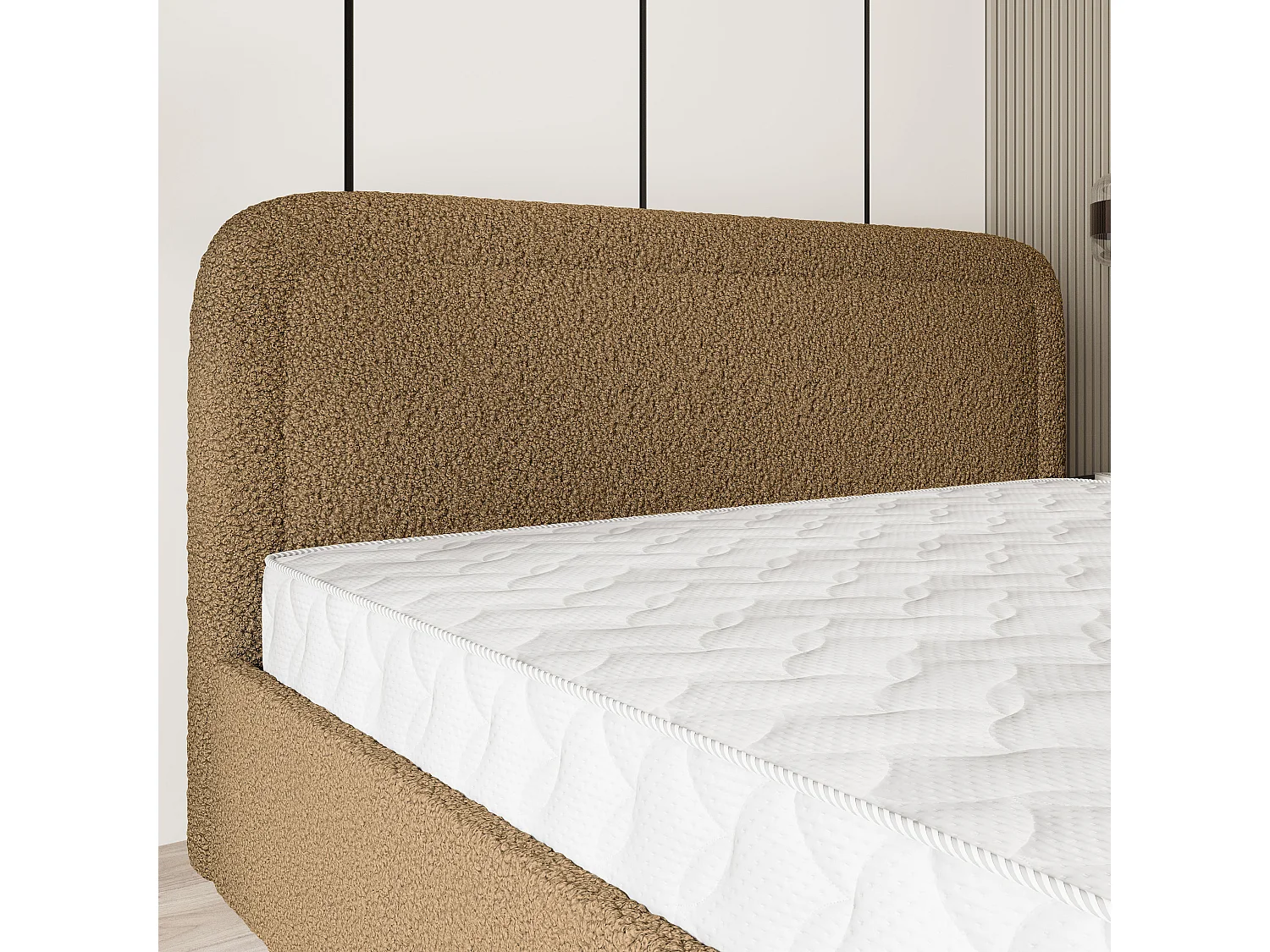 Lit Coffre BENIRA 120x200 cm - Tissu bouclé - Miel