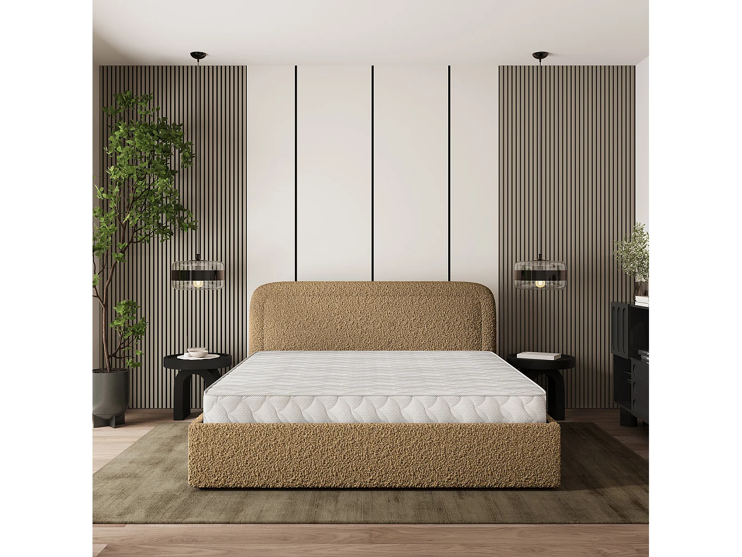 Lit Coffre BENIRA 120x200 cm - Tissu bouclé - Miel