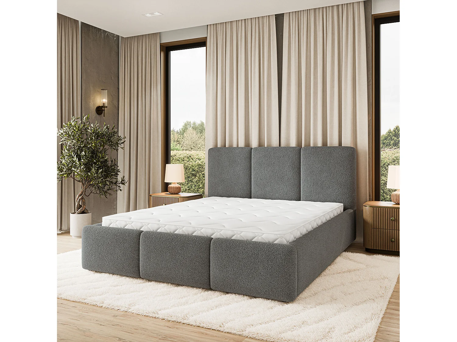 Gestoffeerd bed MORENA 180x200 cm - Bouclé stof - Grijs