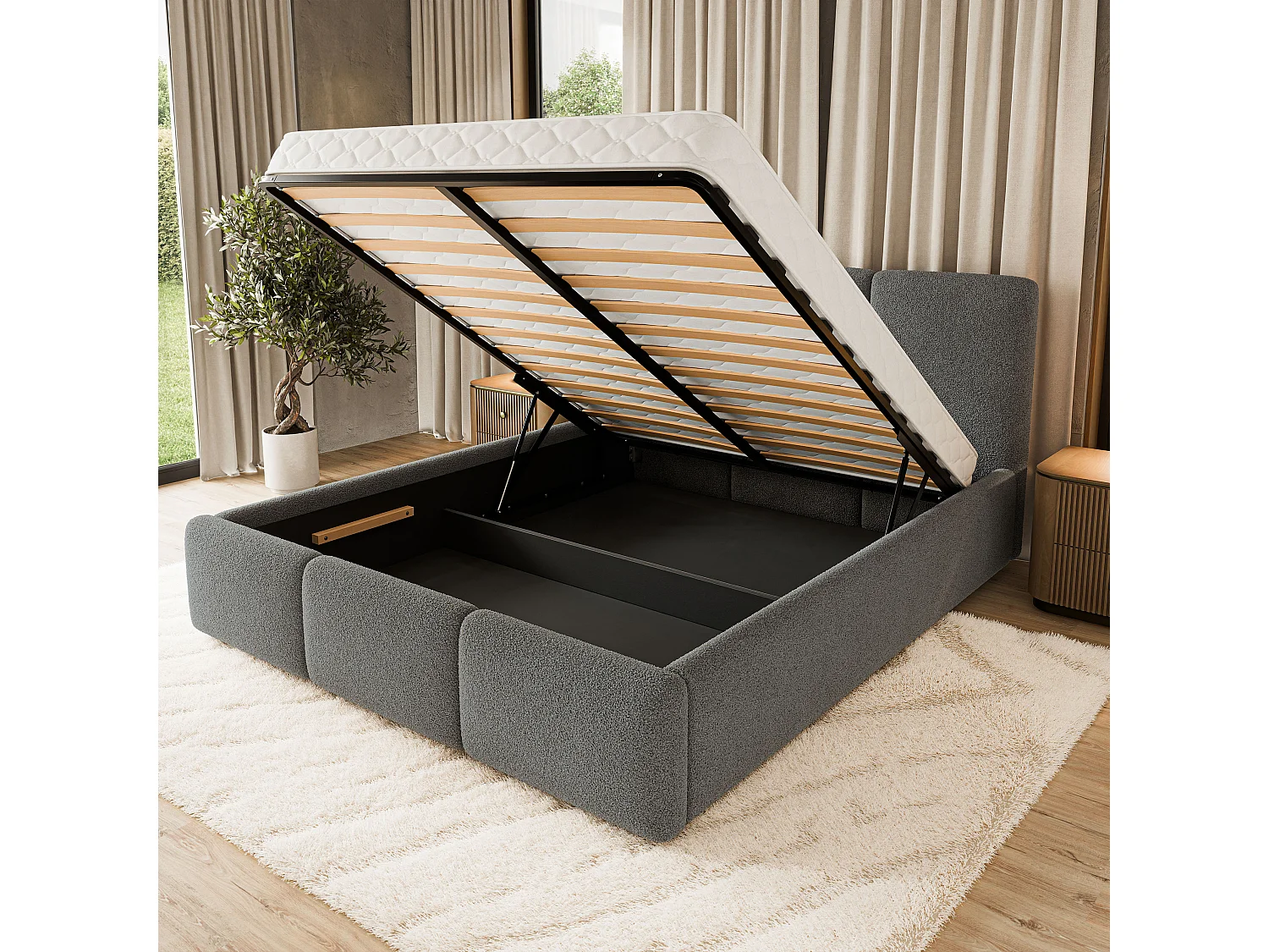 Gestoffeerd bed MORENA 180x200 cm - Bouclé stof - Grijs