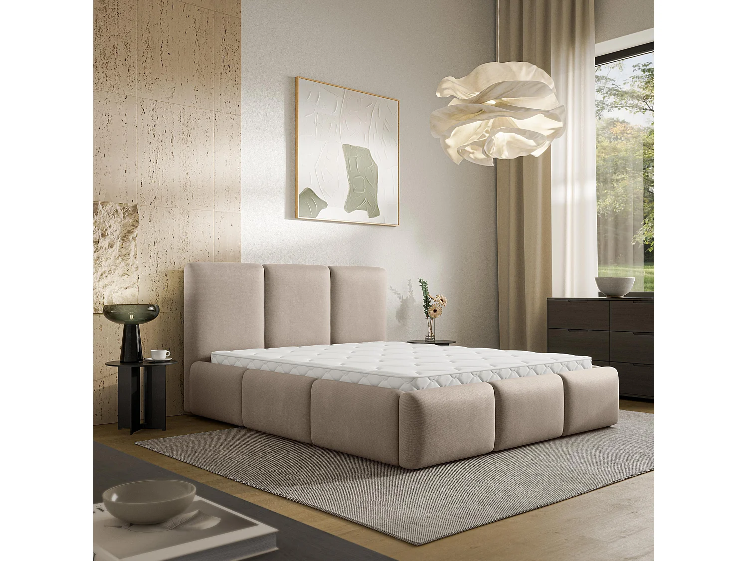 Gestoffeerd bed ARSIL 180x200 cm - Pluche stof - Beige