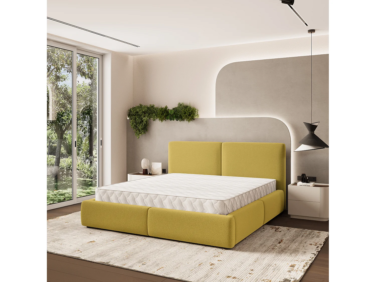Lit Coffre FELURO 180x200 cm - Tissu tissé - Jaune