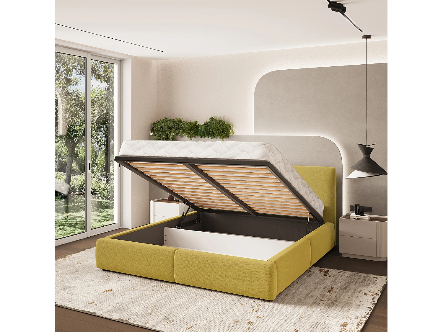 Lit Coffre FELURO 180x200 cm - Tissu tissé - Jaune