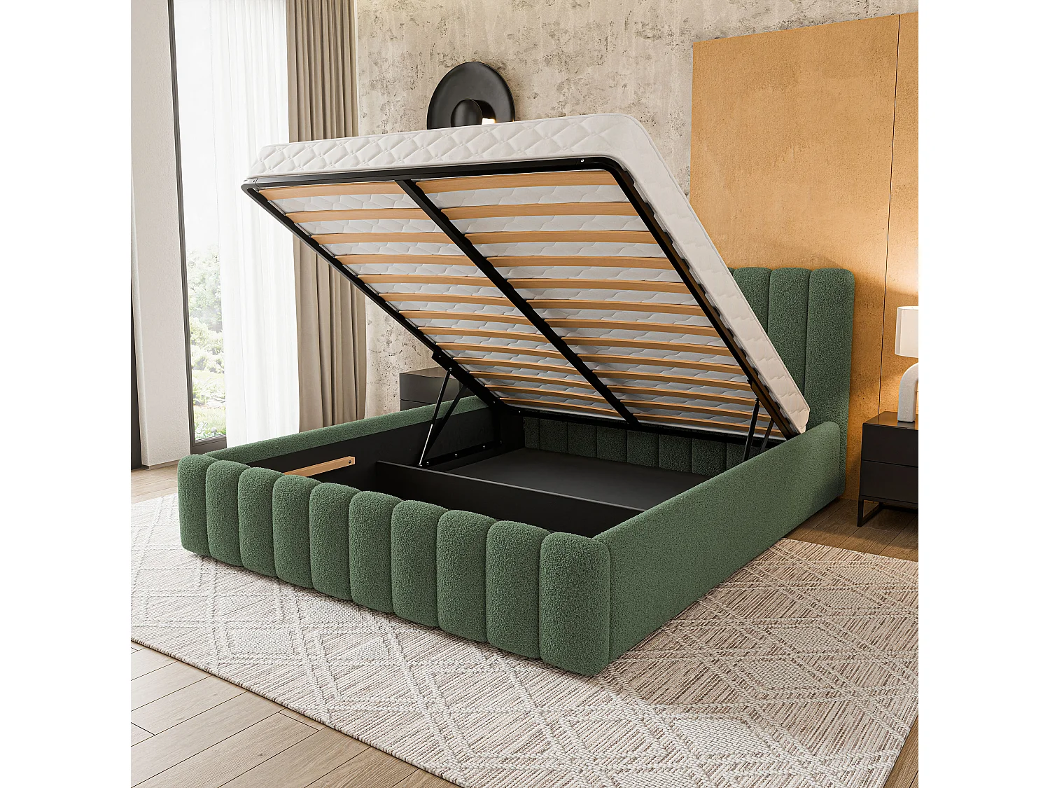 Gestoffeerd bed DINESE 140x200 cm - Bouclé stof - Groen