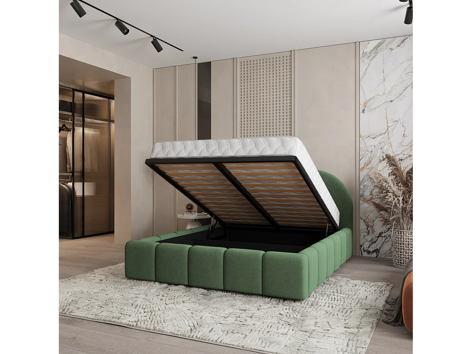 Gestoffeerd bed FLUSSO 140x200 cm - Geweven stof - Groen