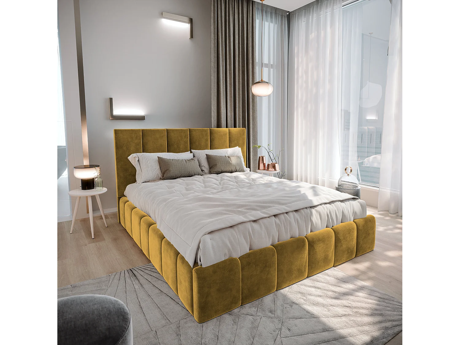 Lit Coffre TARANTO 200x200 cm - Tissu velours - Jaune