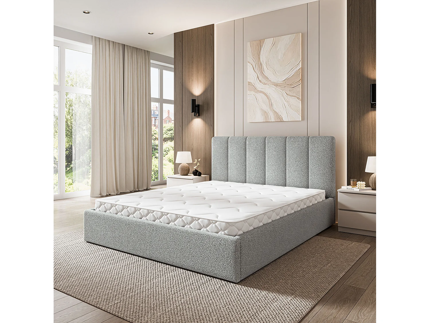 Gestoffeerd bed NEMIS 180x200 cm - Bouclé stof - Lichtgrijs
