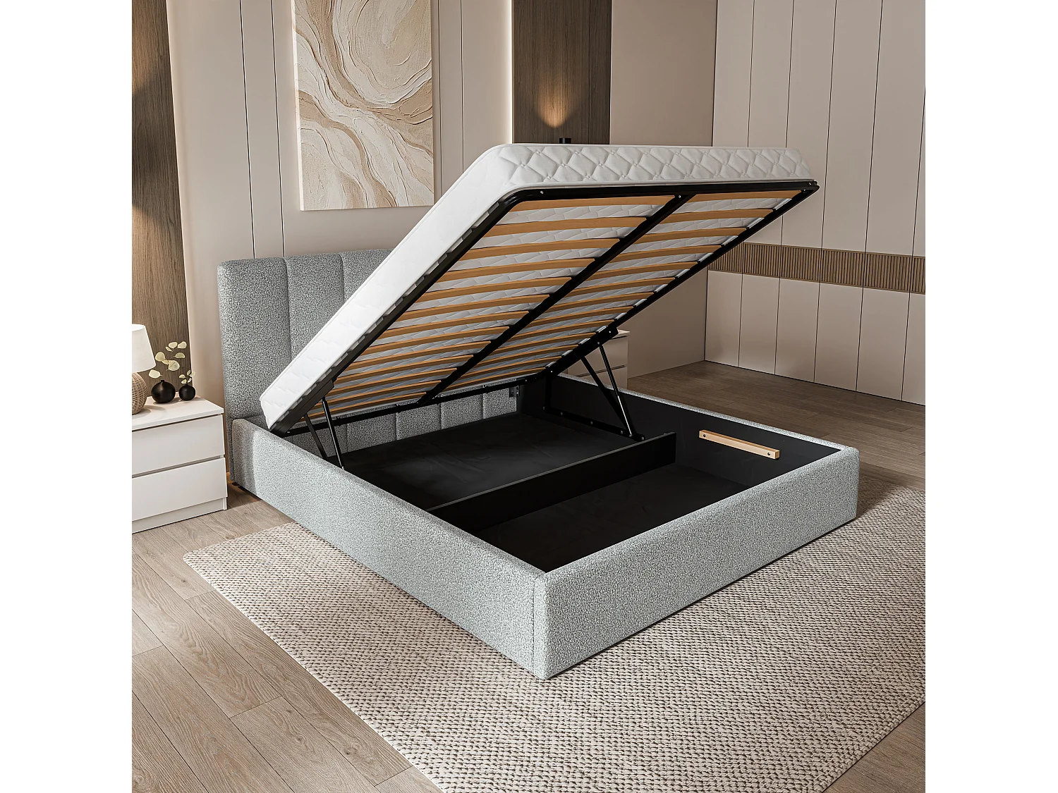 Gestoffeerd bed NEMIS 180x200 cm - Bouclé stof - Lichtgrijs