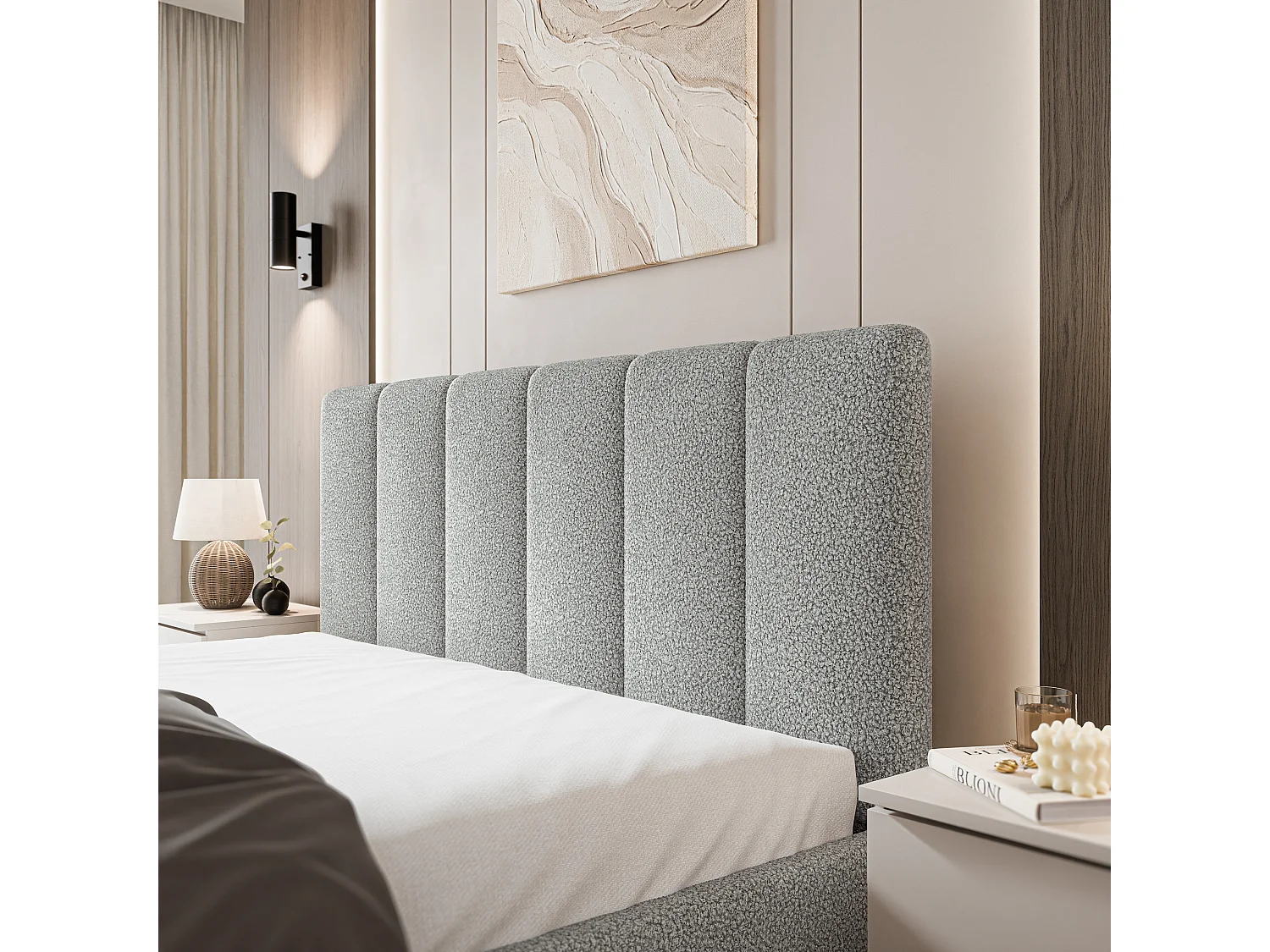 Gestoffeerd bed NEMIS 180x200 cm - Bouclé stof - Lichtgrijs
