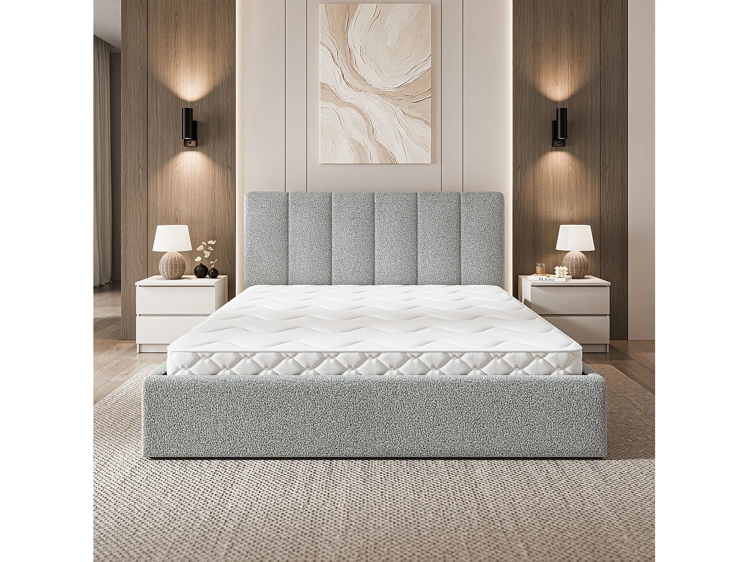 Gestoffeerd bed NEMIS 180x200 cm - Bouclé stof - Lichtgrijs