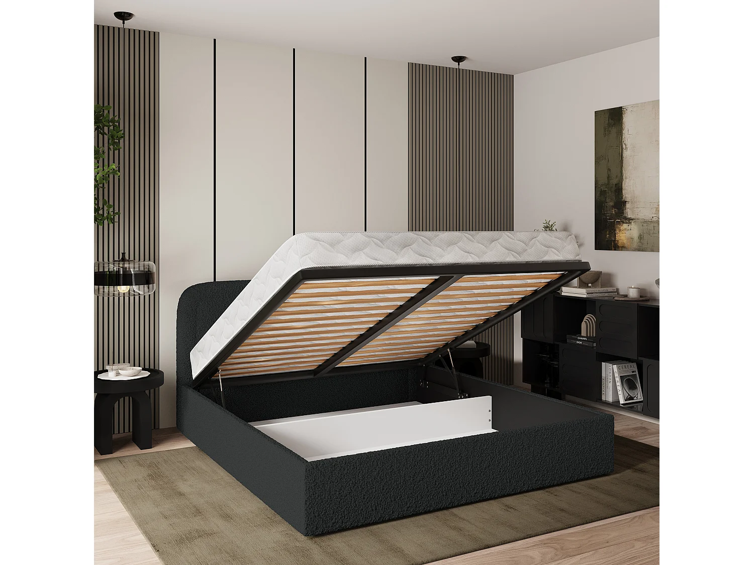 Gestoffeerd bed BENIRA 180x200 cm - Bouclé stof - Zwart