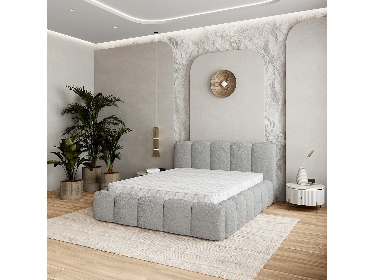 Gestoffeerd bed FALINA 180x200 cm - Bouclé stof - Lichtgrijs