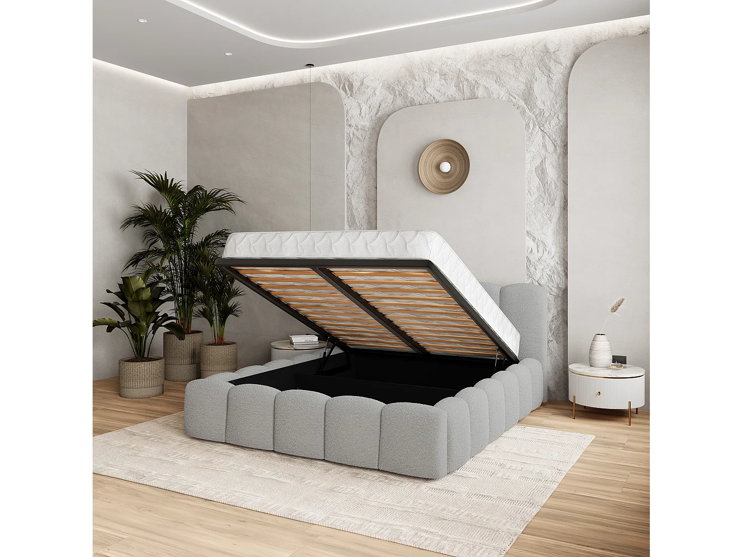 Gestoffeerd bed FALINA 180x200 cm - Bouclé stof - Lichtgrijs