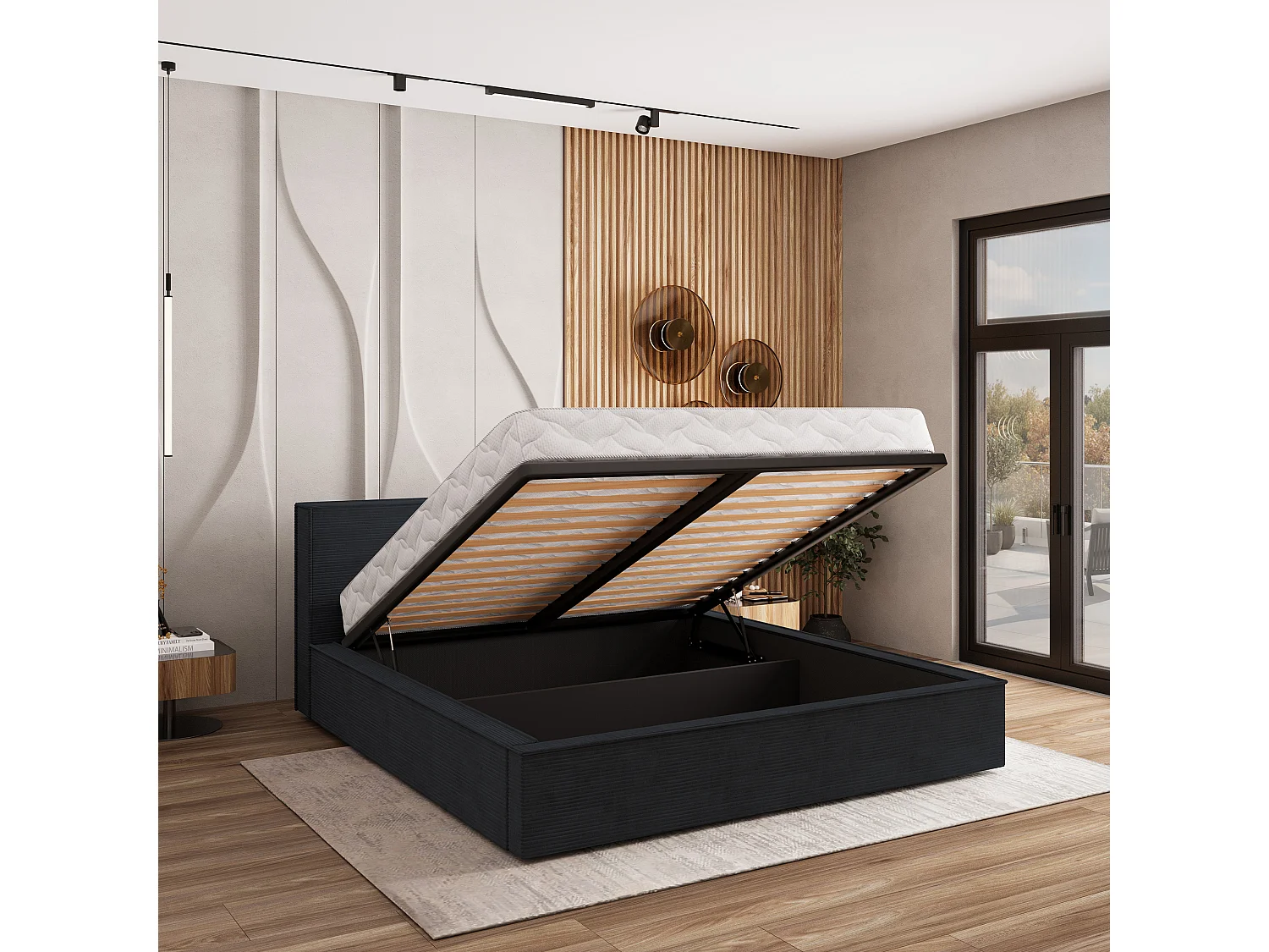 Gestoffeerd bed CELORA 160x200 cm - Corduroy stof - Zwart