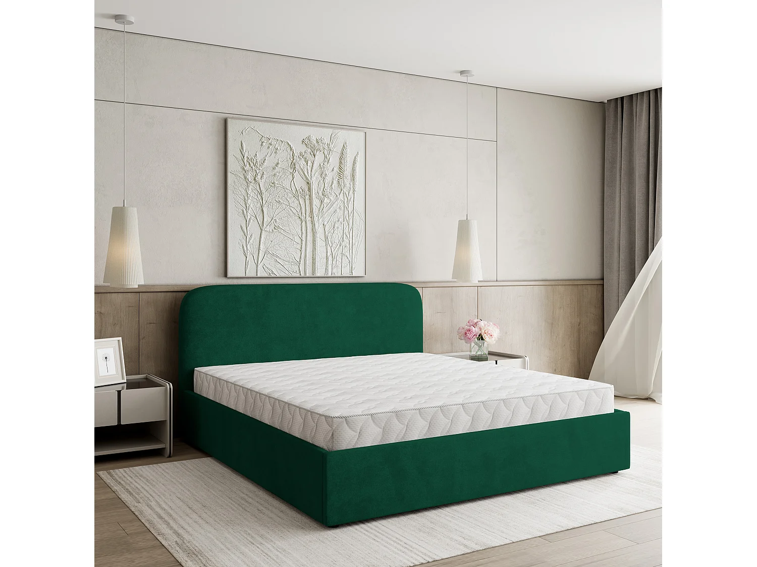 Gestoffeerd bed RENIVE 200x200 cm - Pluche stof - Flessengroen