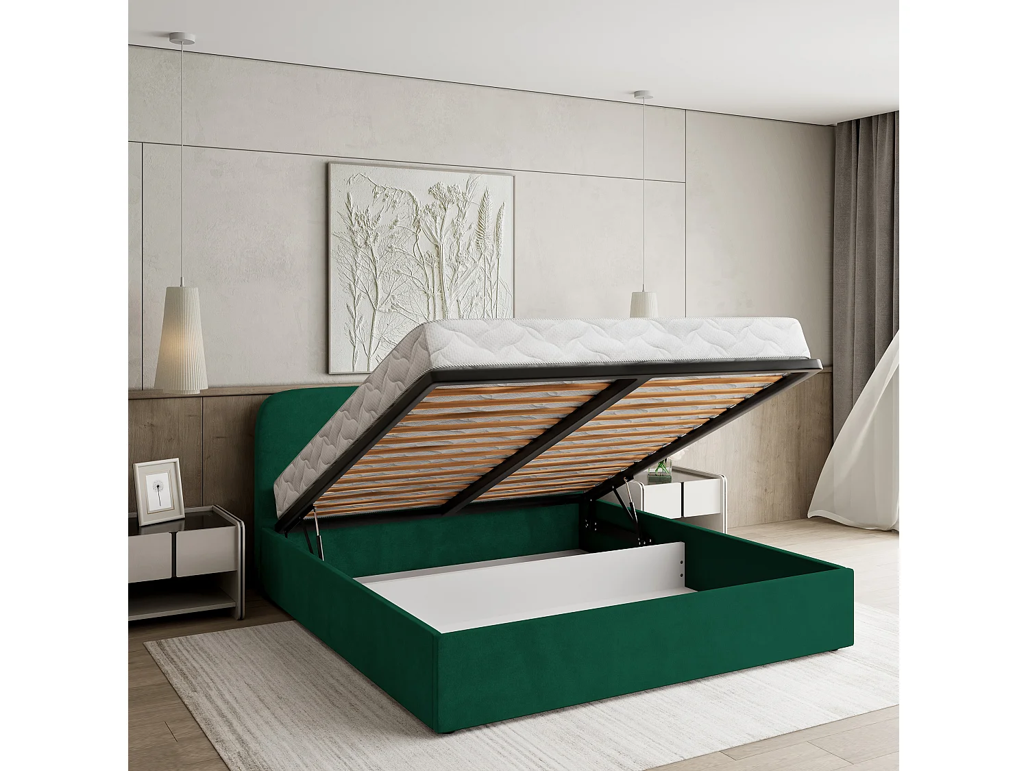 Gestoffeerd bed RENIVE 200x200 cm - Pluche stof - Flessengroen