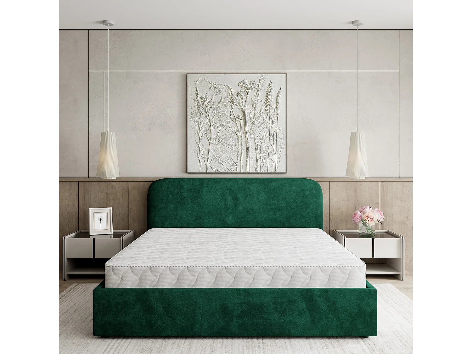 Gestoffeerd bed RENIVE 200x200 cm - Pluche stof - Flessengroen