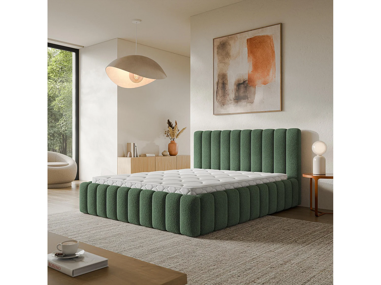 Gestoffeerd bed TEBA 160x200 cm - Bouclé stof - Groen