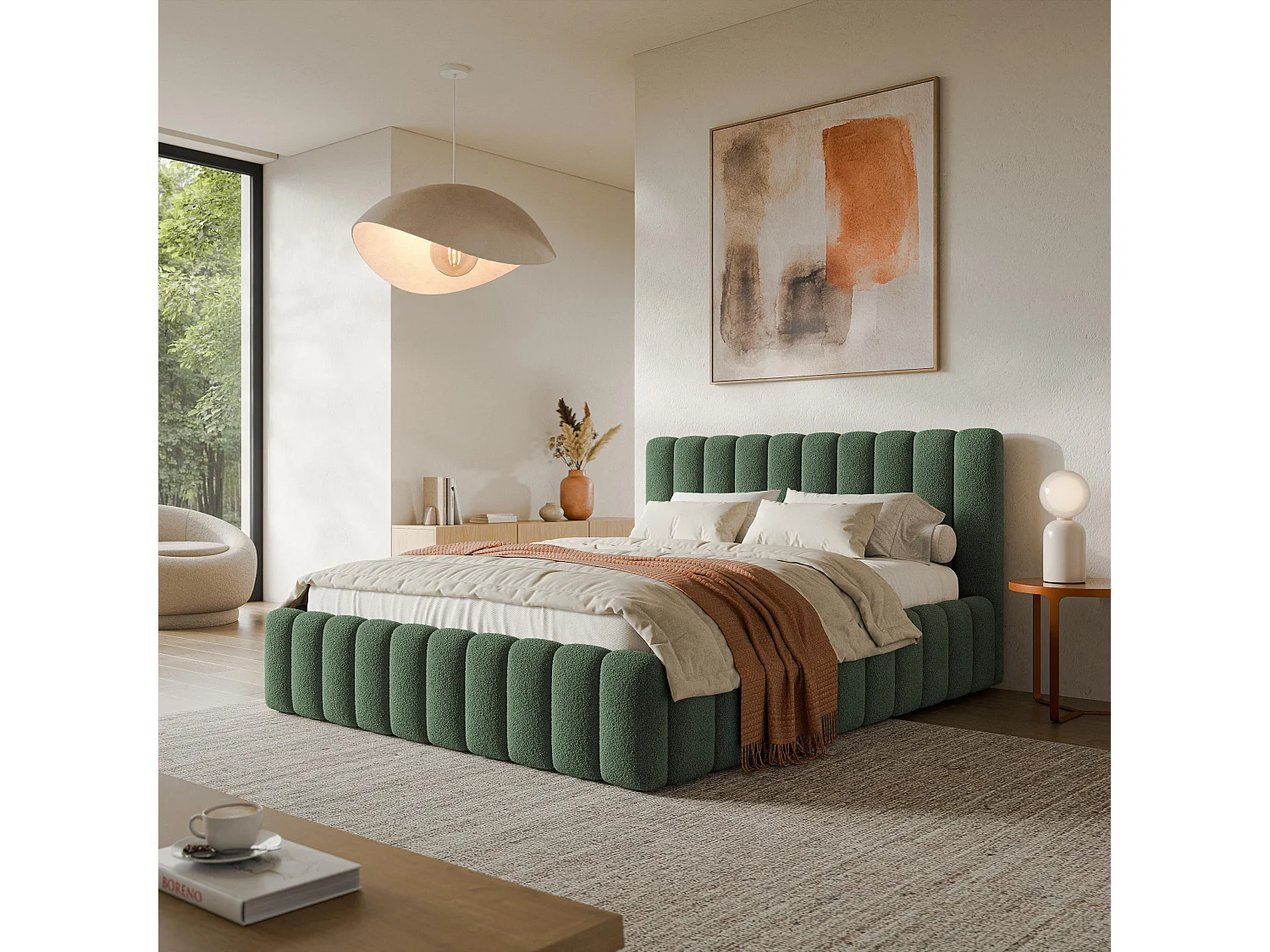 Gestoffeerd bed TEBA 160x200 cm - Bouclé stof - Groen