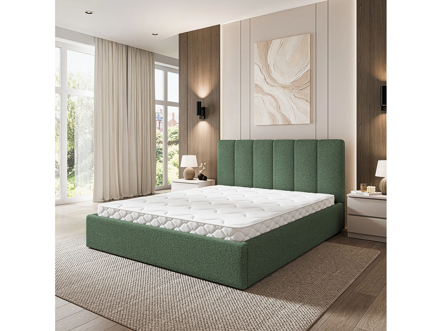Gestoffeerd bed NEMIS 160x200 cm - Bouclé stof - Groen