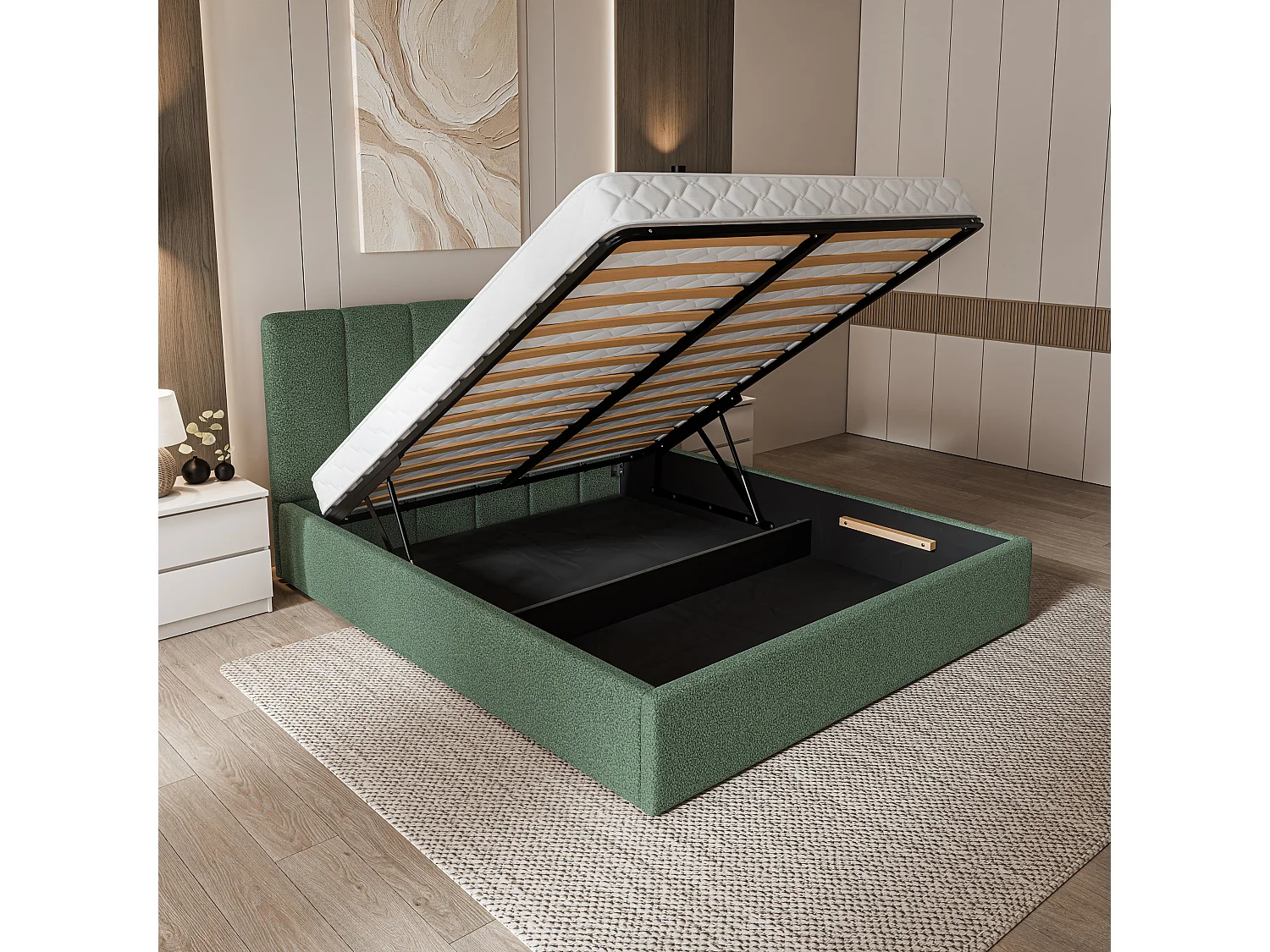 Gestoffeerd bed NEMIS 160x200 cm - Bouclé stof - Groen