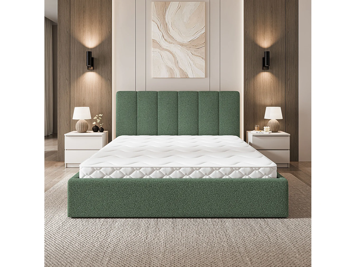Gestoffeerd bed NEMIS 160x200 cm - Bouclé stof - Groen