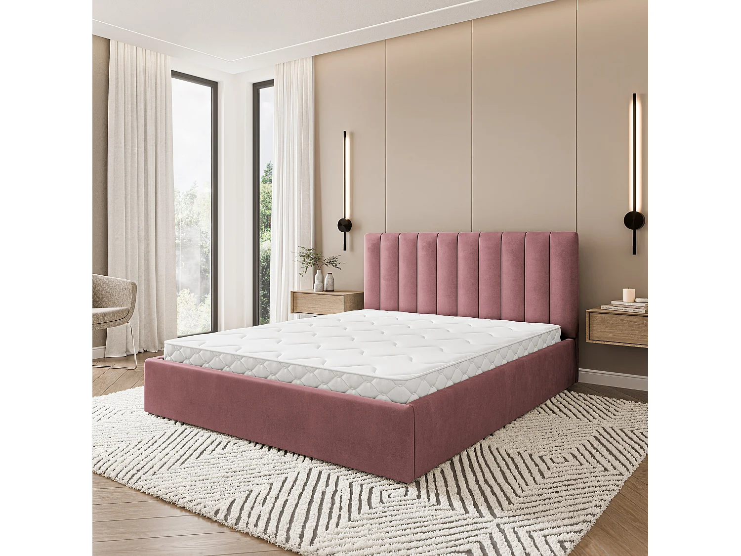 Lit Coffre DEMERA 200x200 cm - Tissu velours - Rose
