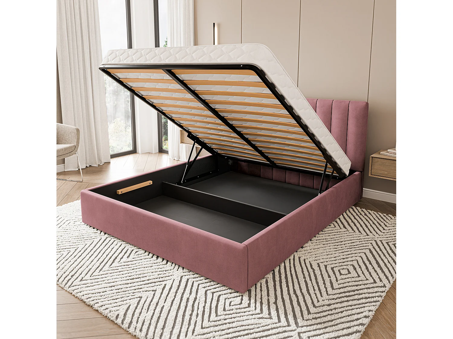 Lit Coffre DEMERA 200x200 cm - Tissu velours - Rose