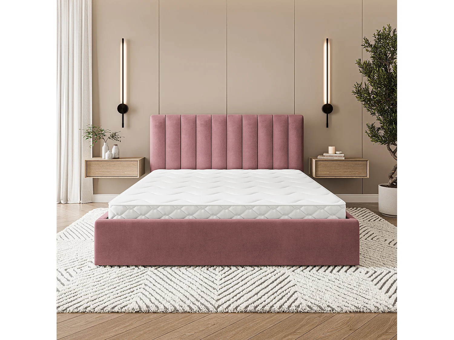 Lit Coffre DEMERA 200x200 cm - Tissu velours - Rose