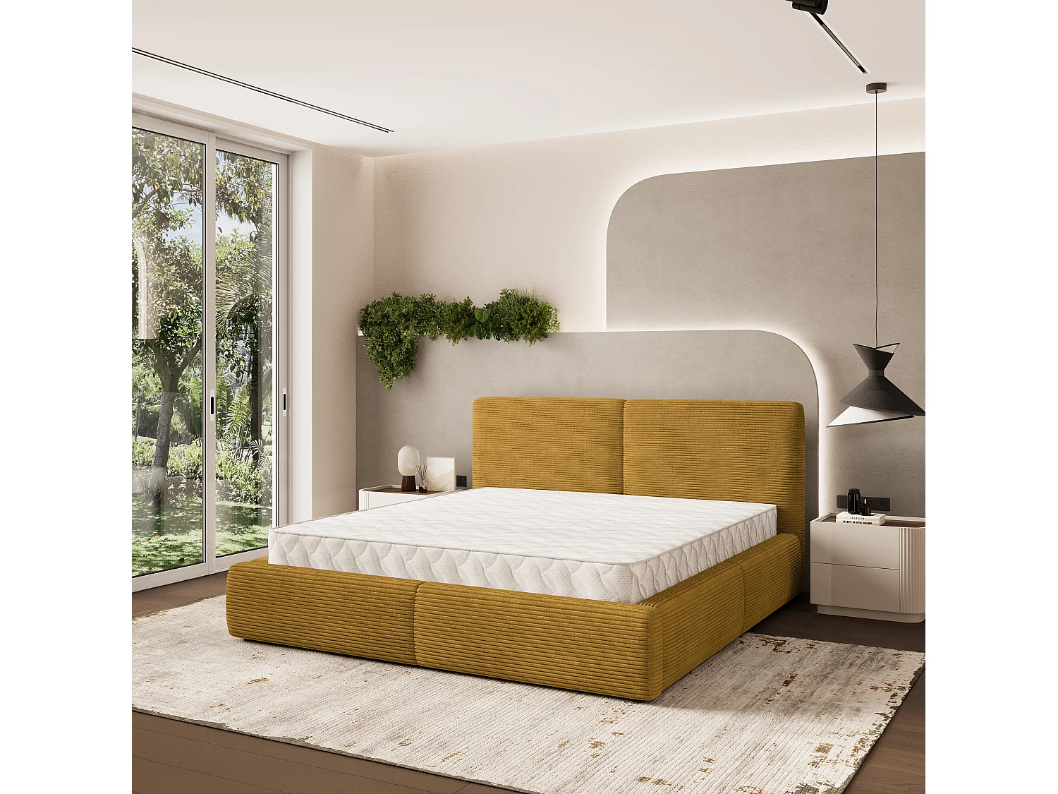 Lit Coffre FELURO 120x200 cm - Velours côtelé - Jaune