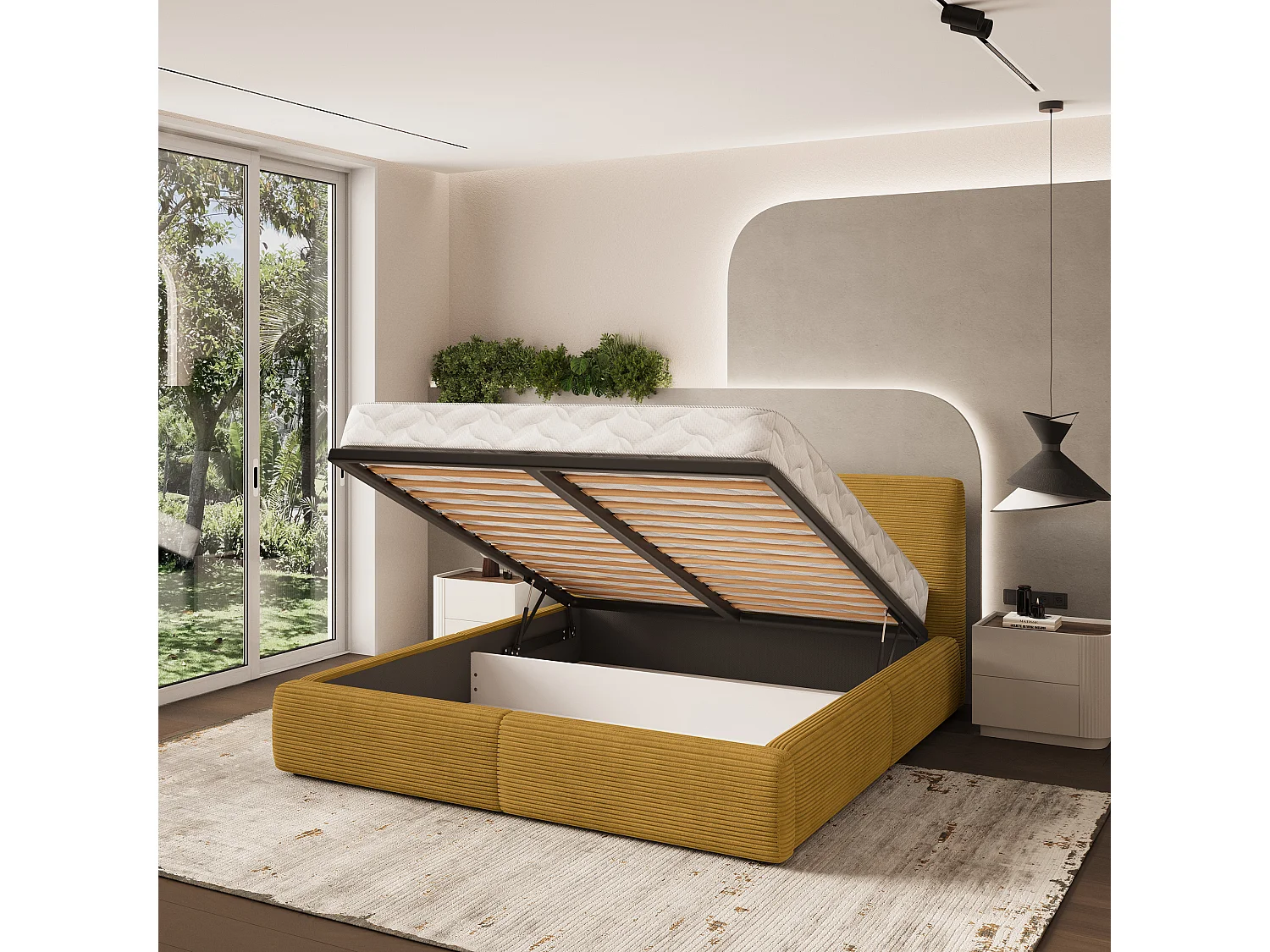 Lit Coffre FELURO 120x200 cm - Velours côtelé - Jaune