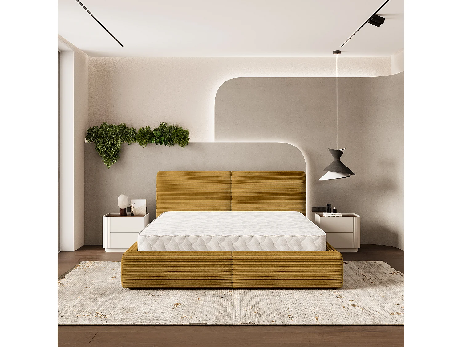 Lit Coffre FELURO 120x200 cm - Velours côtelé - Jaune