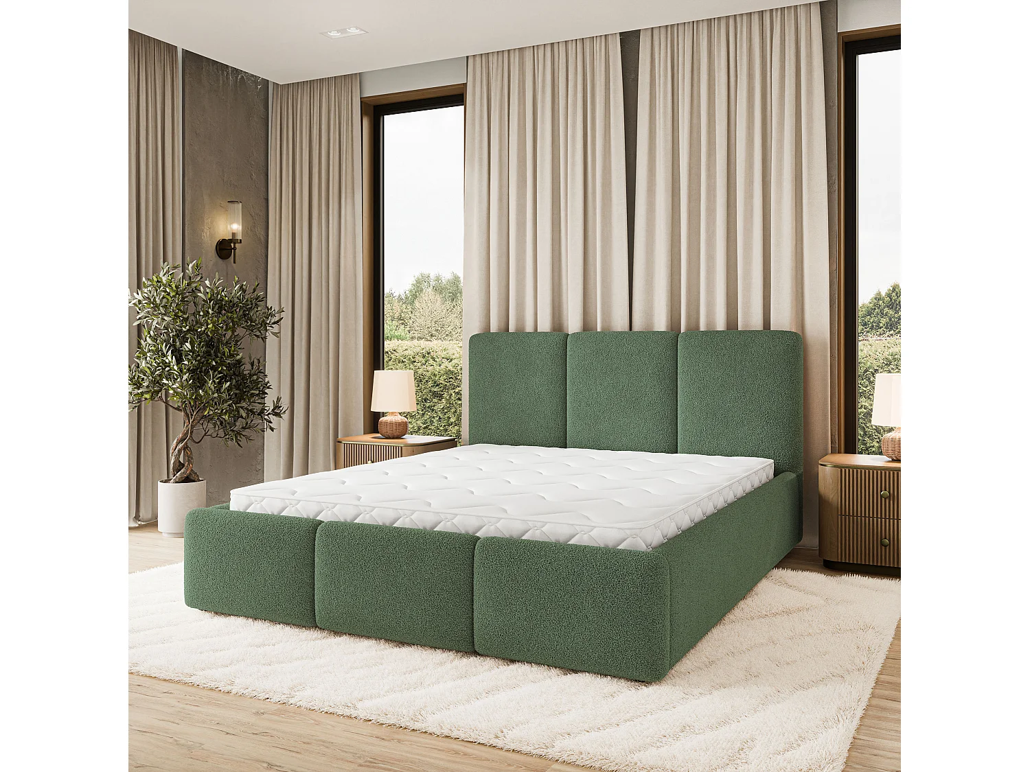 Gestoffeerd bed MORENA 160x200 cm - Bouclé stof - Groen