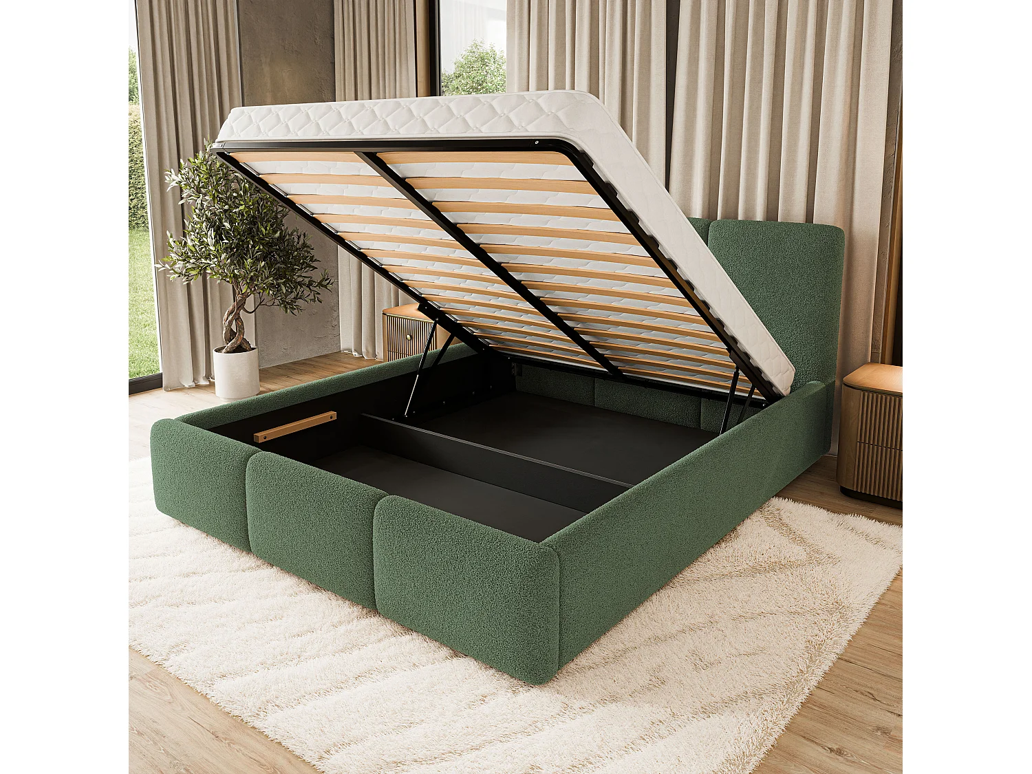 Gestoffeerd bed MORENA 160x200 cm - Bouclé stof - Groen