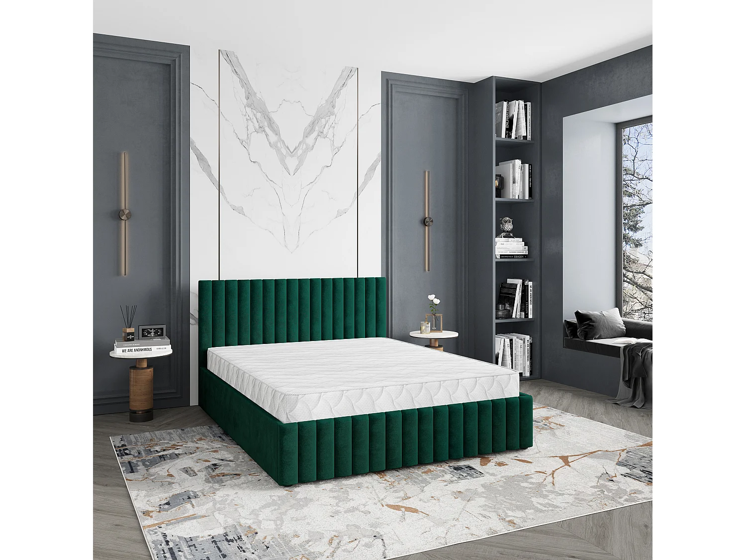 Gestoffeerd bed CARMIA 200x200 cm - Pluche stof - Flessengroen