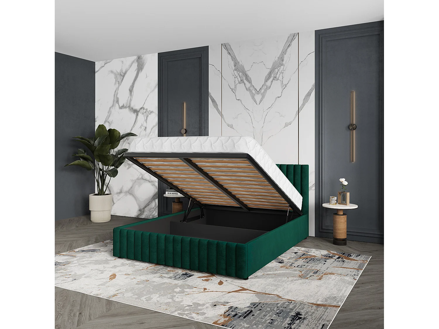 Gestoffeerd bed CARMIA 200x200 cm - Pluche stof - Flessengroen