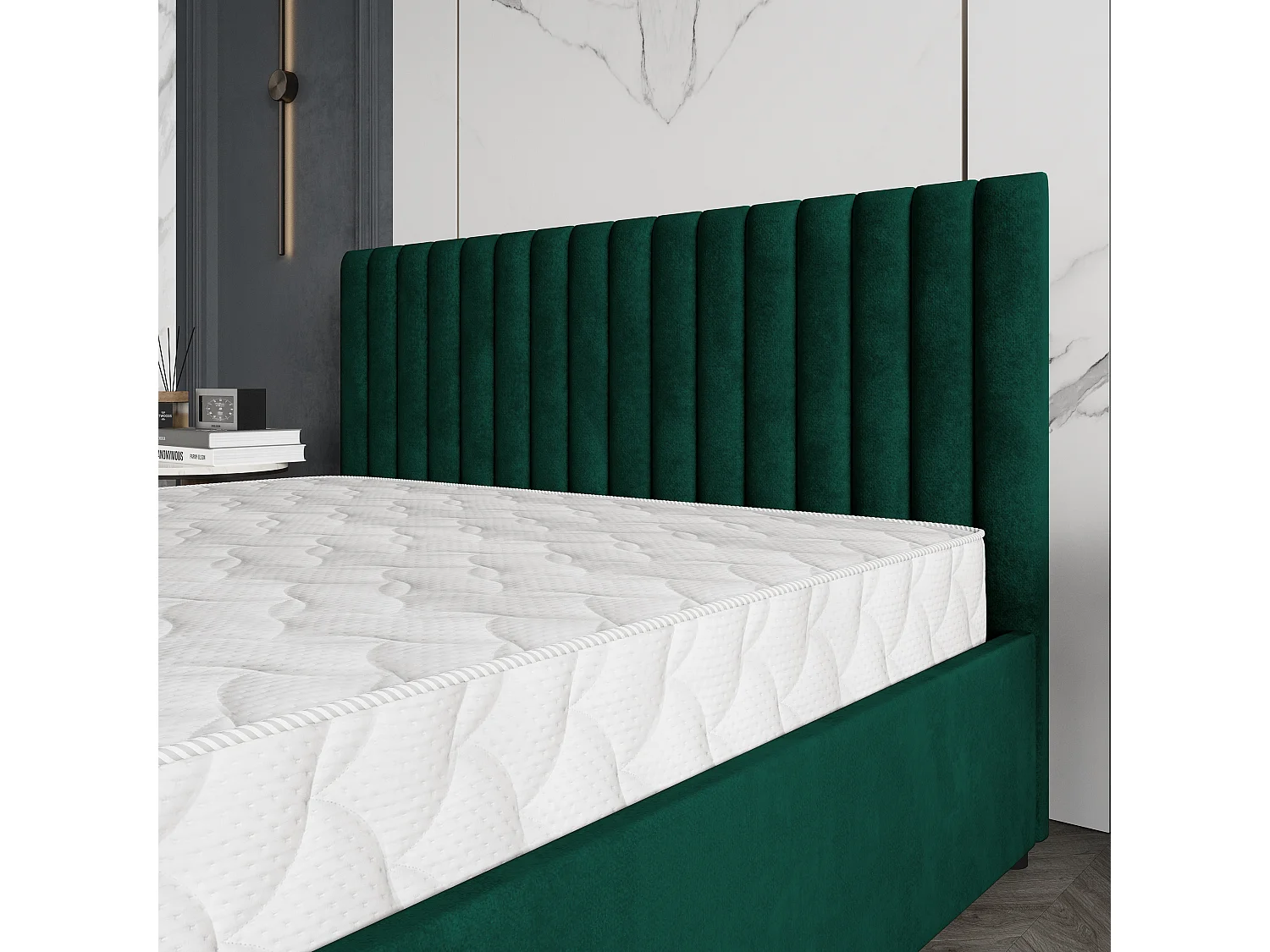 Gestoffeerd bed CARMIA 200x200 cm - Pluche stof - Flessengroen