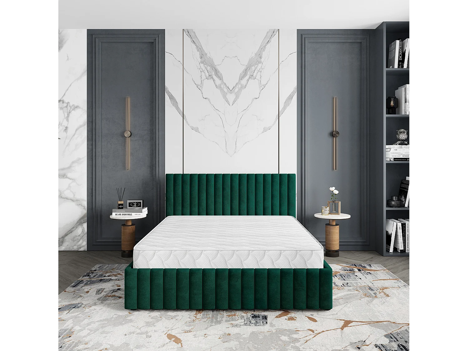 Gestoffeerd bed CARMIA 200x200 cm - Pluche stof - Flessengroen