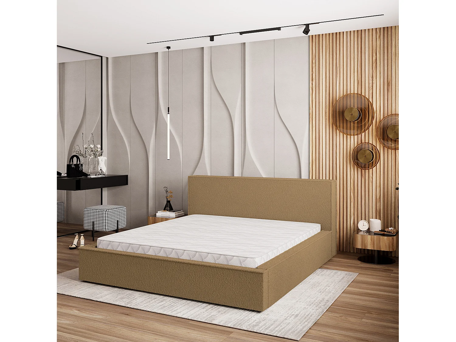 Lit Coffre CELORA 120x200 cm - Tissu bouclé - Miel