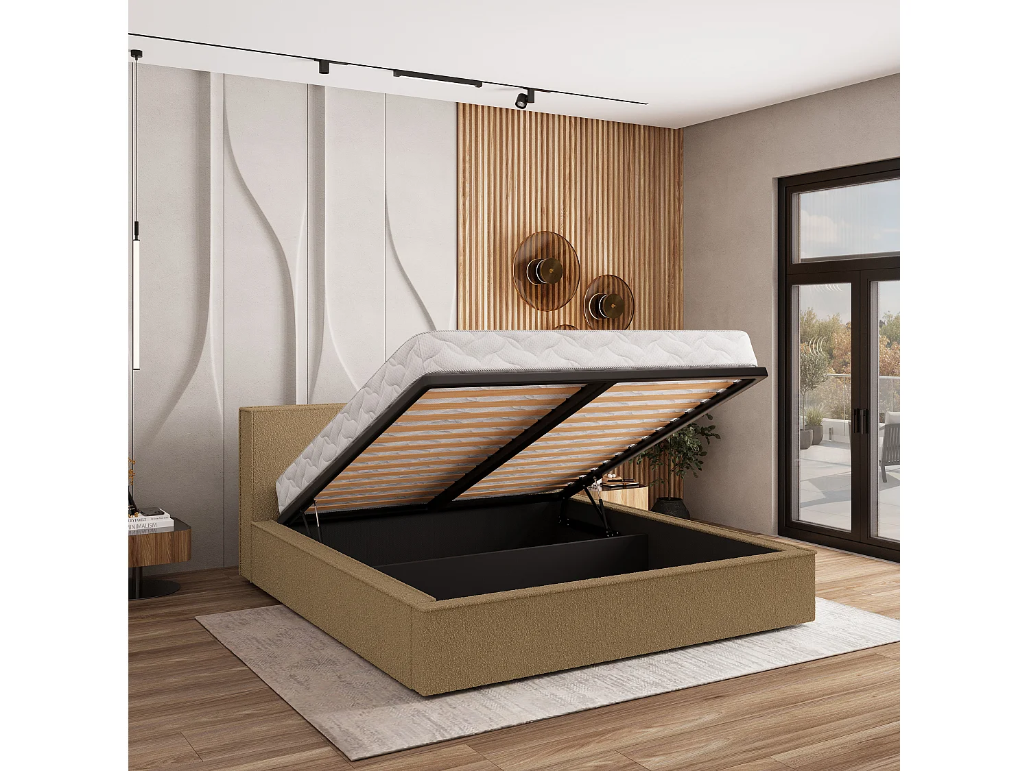 Lit Coffre CELORA 120x200 cm - Tissu bouclé - Miel