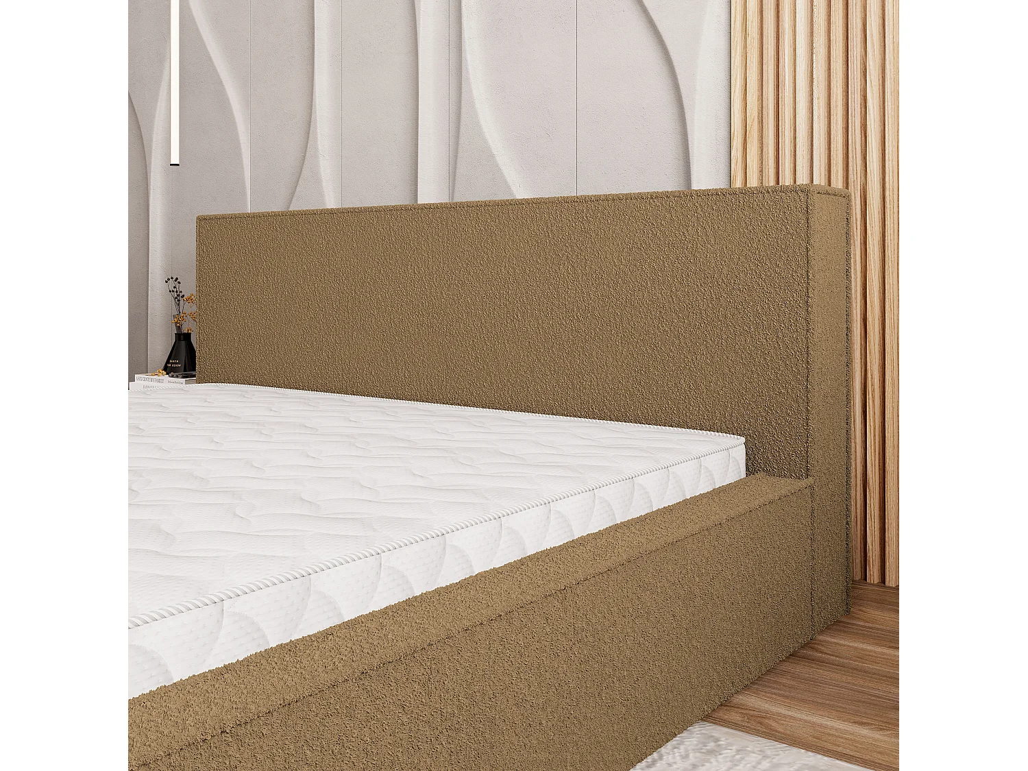 Lit Coffre CELORA 120x200 cm - Tissu bouclé - Miel