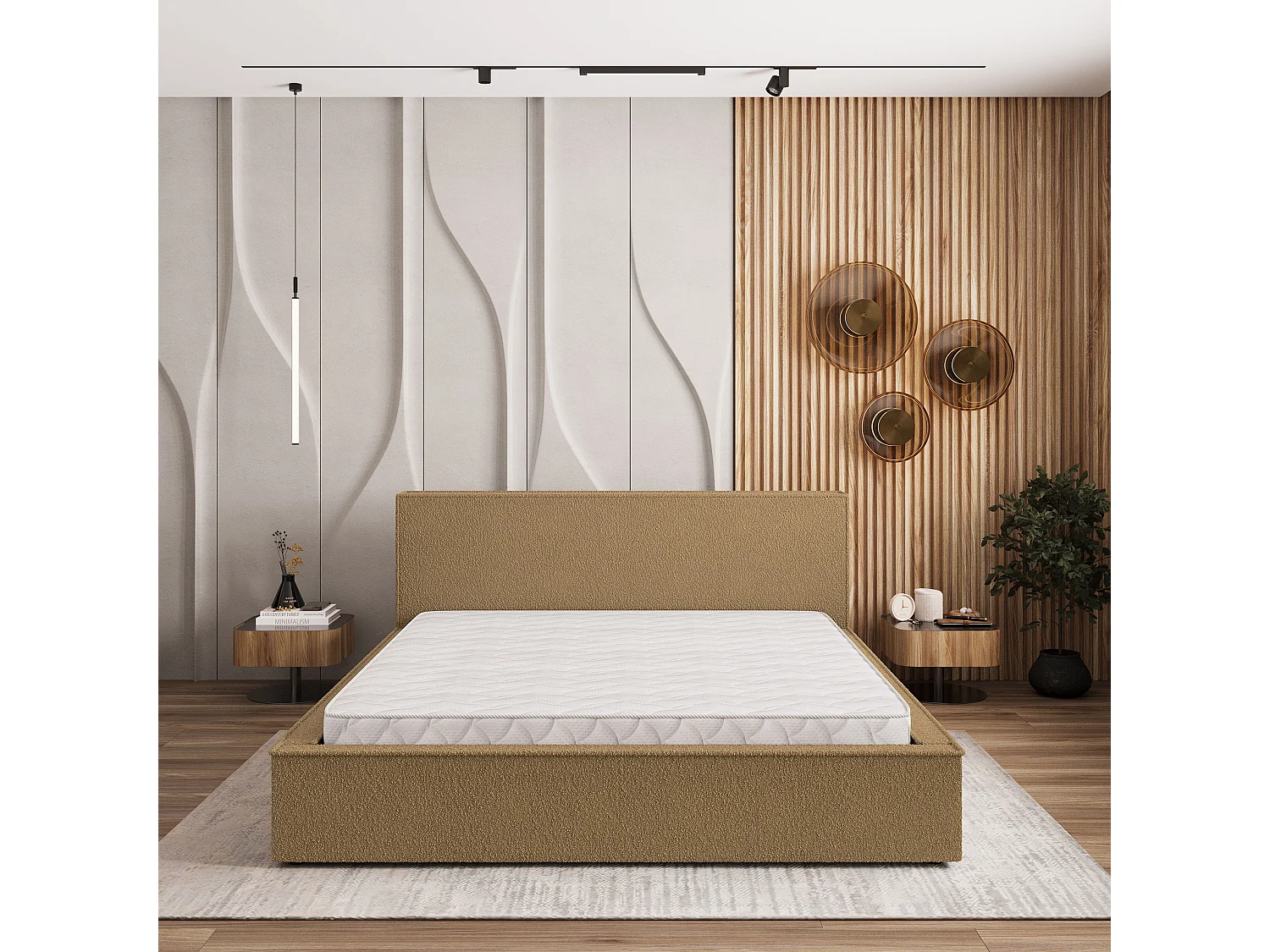 Lit Coffre CELORA 120x200 cm - Tissu bouclé - Miel