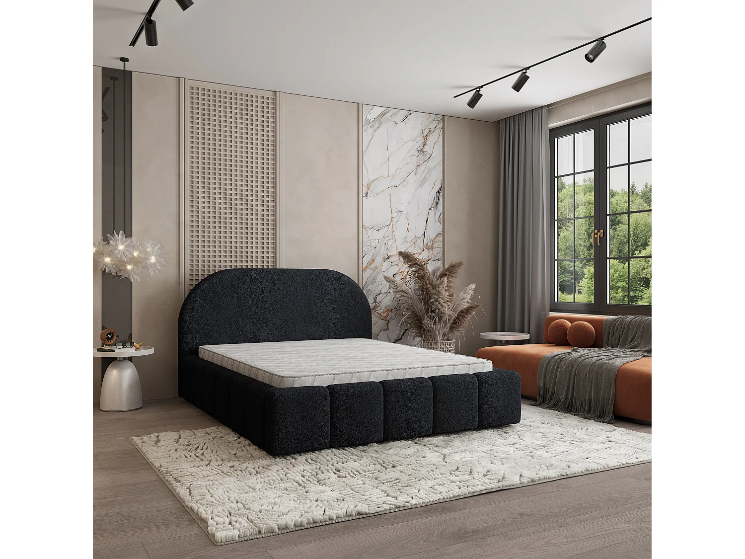 Gestoffeerd bed FLUSSO 180x200 cm - Bouclé stof - Zwart