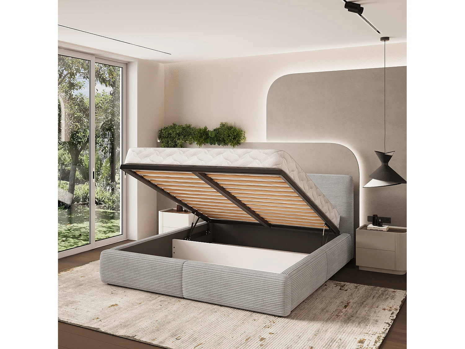 Gestoffeerd bed FELURO 140x200 cm - Corduroy stof - Lichtgrijs