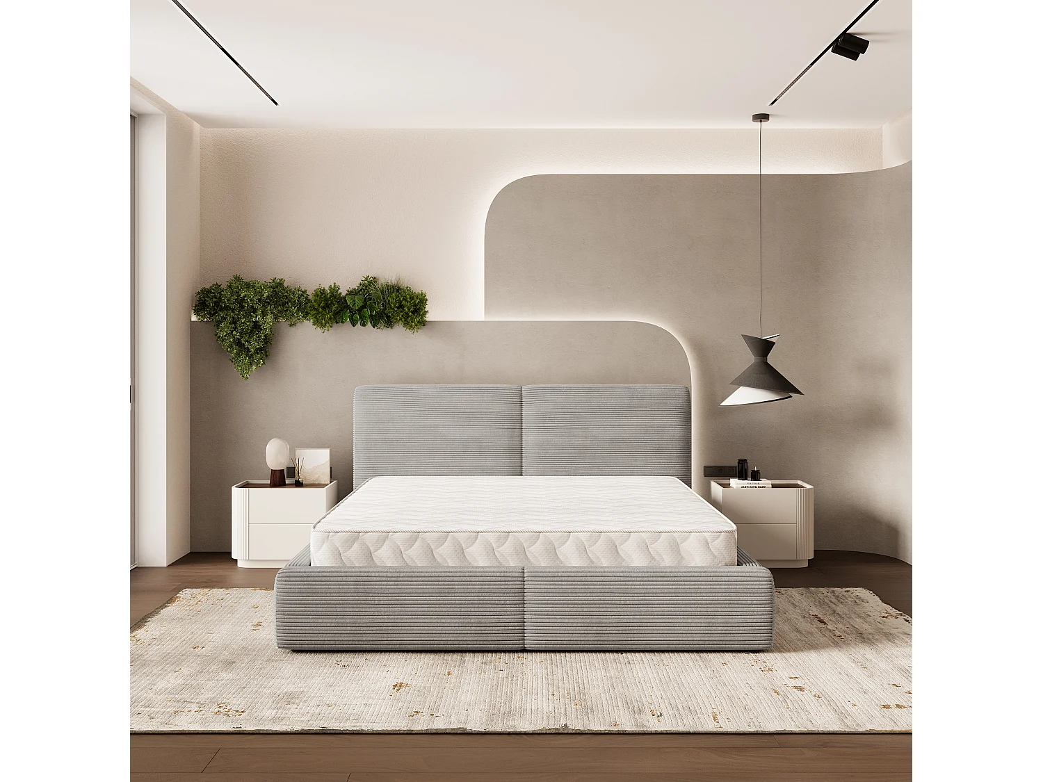 Gestoffeerd bed FELURO 140x200 cm - Corduroy stof - Lichtgrijs