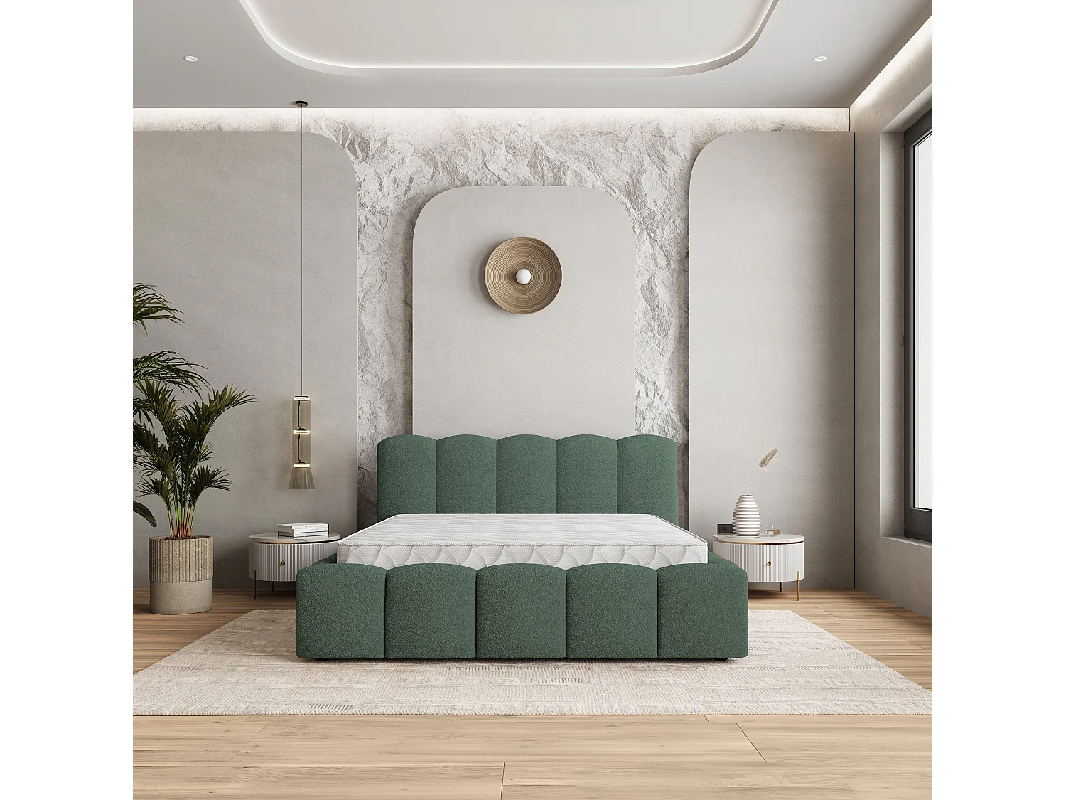 Gestoffeerd bed FALINA 180x200 cm - Bouclé stof - Groen