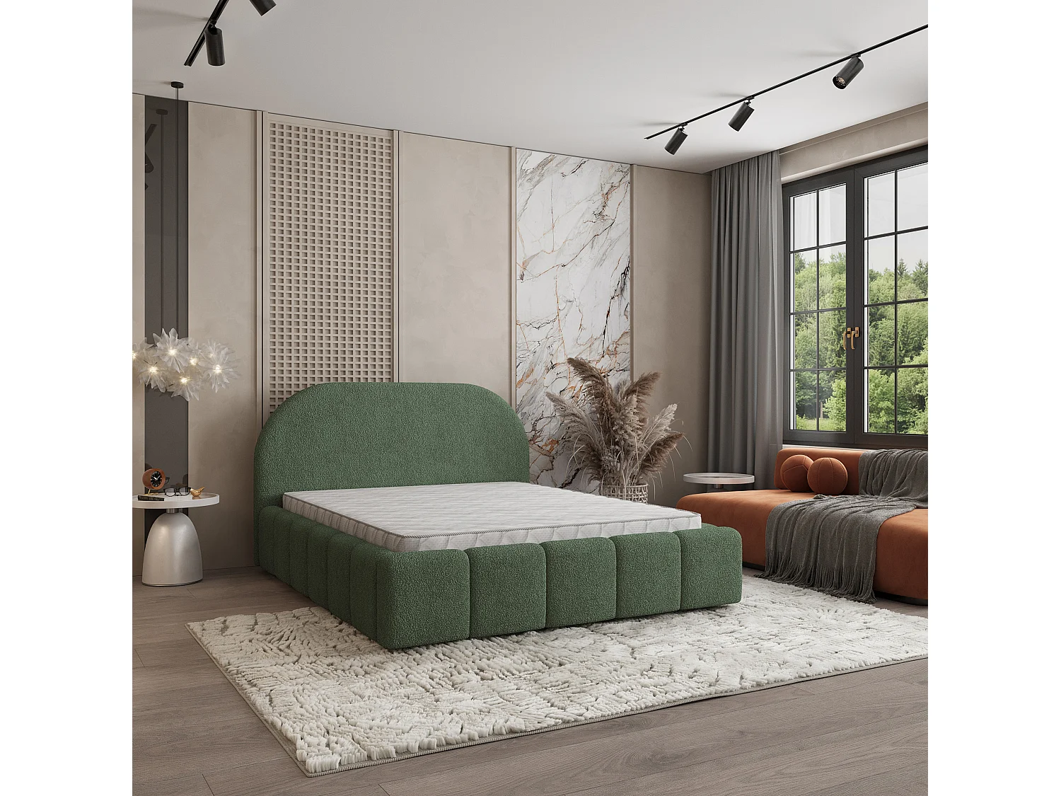 Gestoffeerd bed FLUSSO 200x200 cm - Bouclé stof - Groen