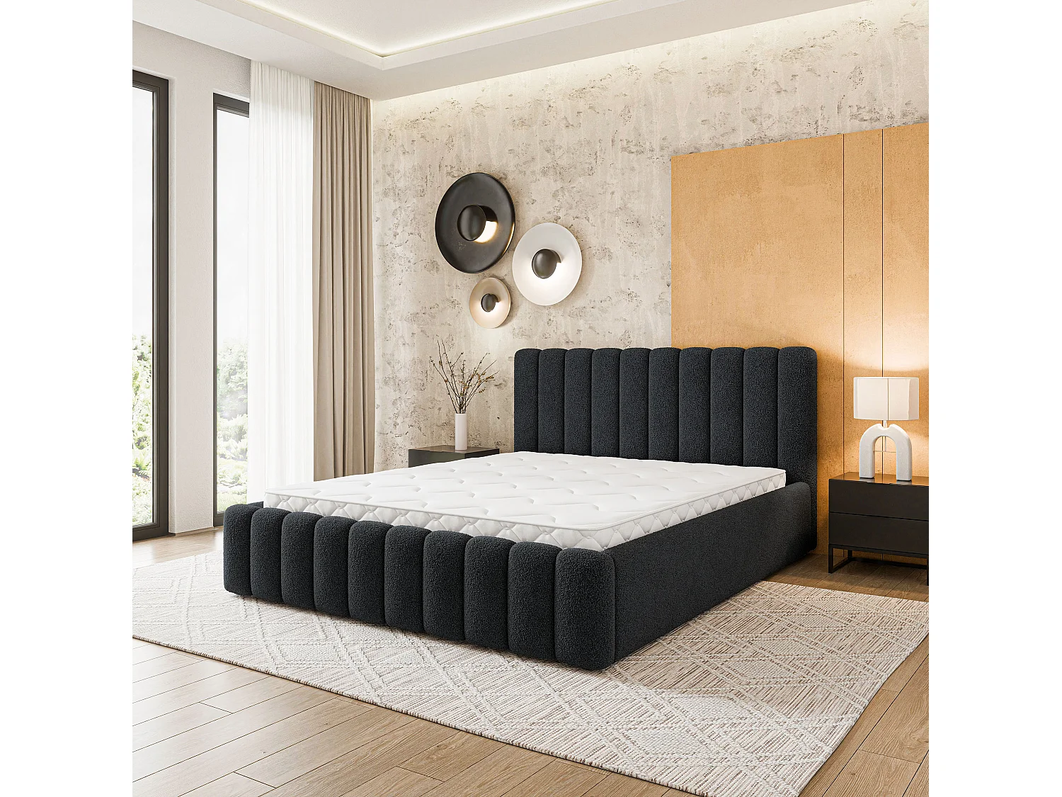 Gestoffeerd bed DINESE 200x200 cm - Bouclé stof - Zwart