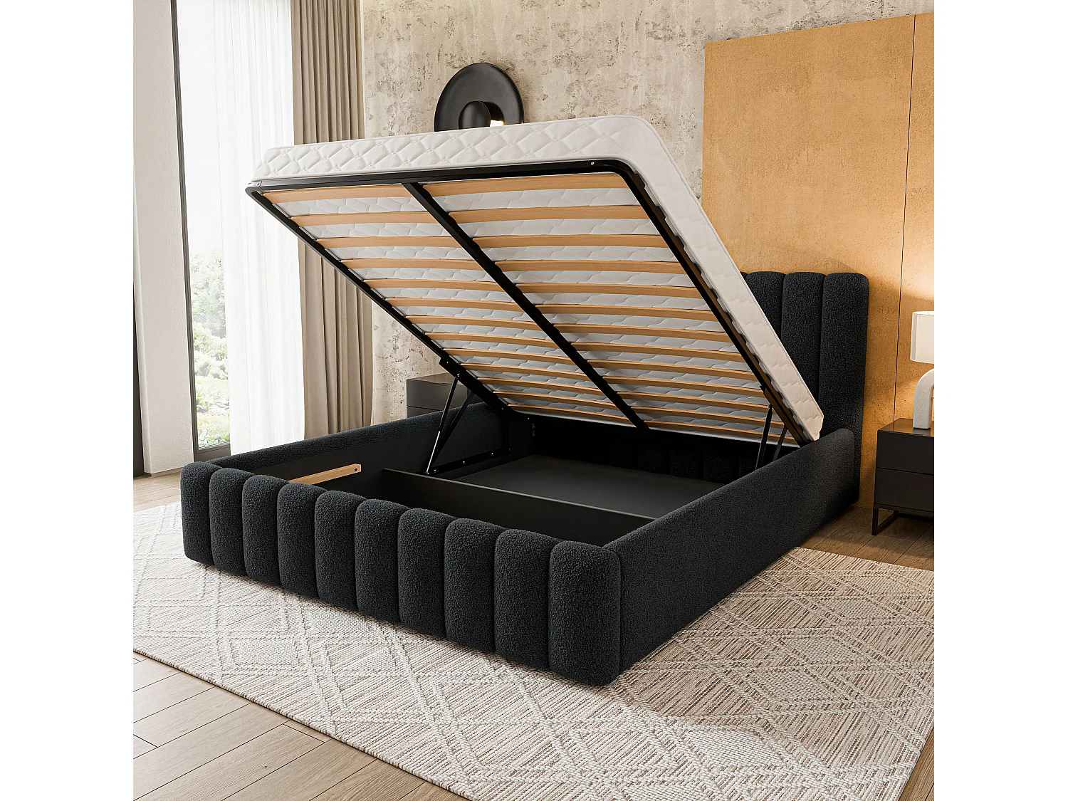 Gestoffeerd bed DINESE 200x200 cm - Bouclé stof - Zwart