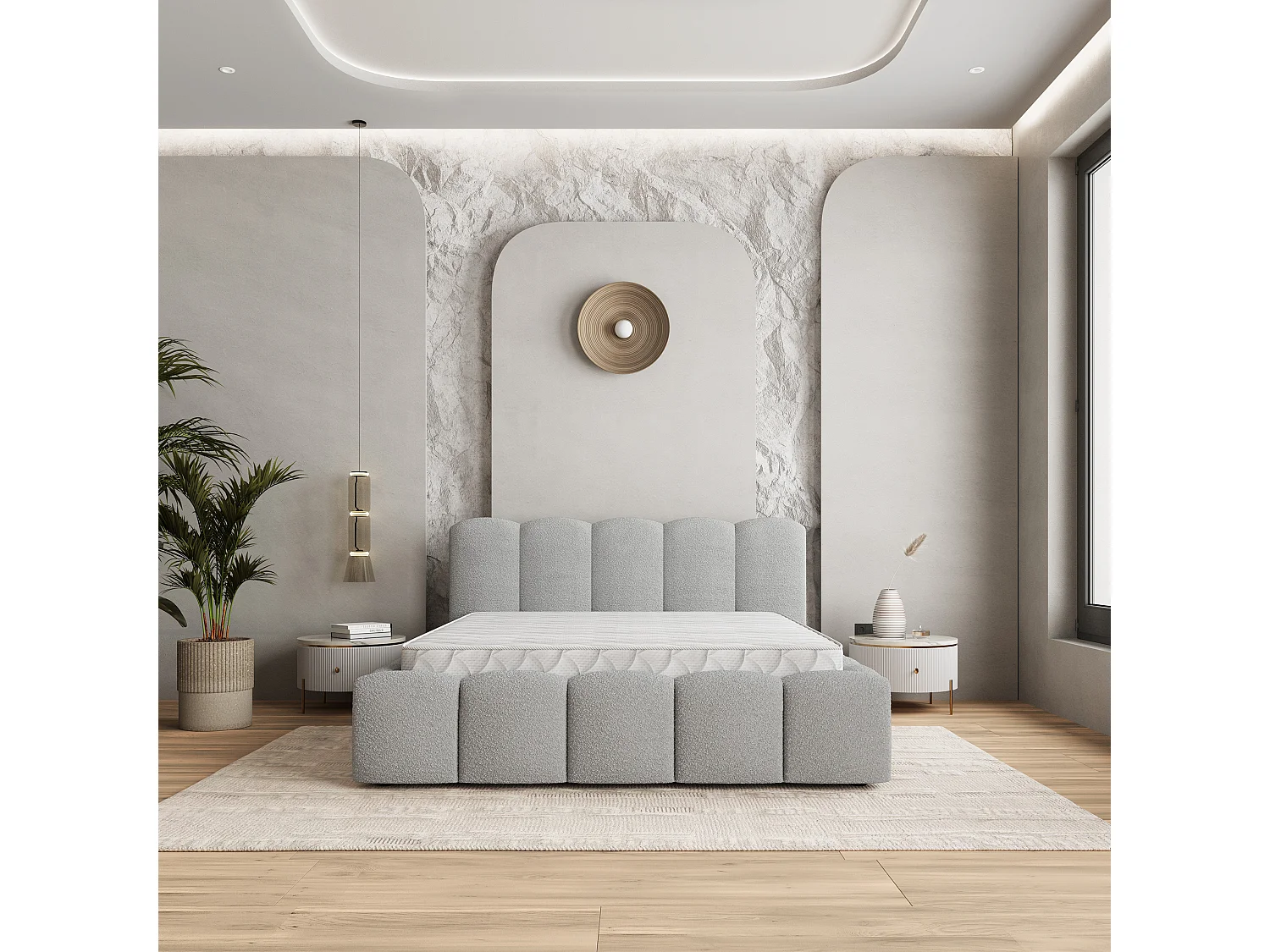 Gestoffeerd bed FALINA 140x200 cm - Bouclé stof - Lichtgrijs